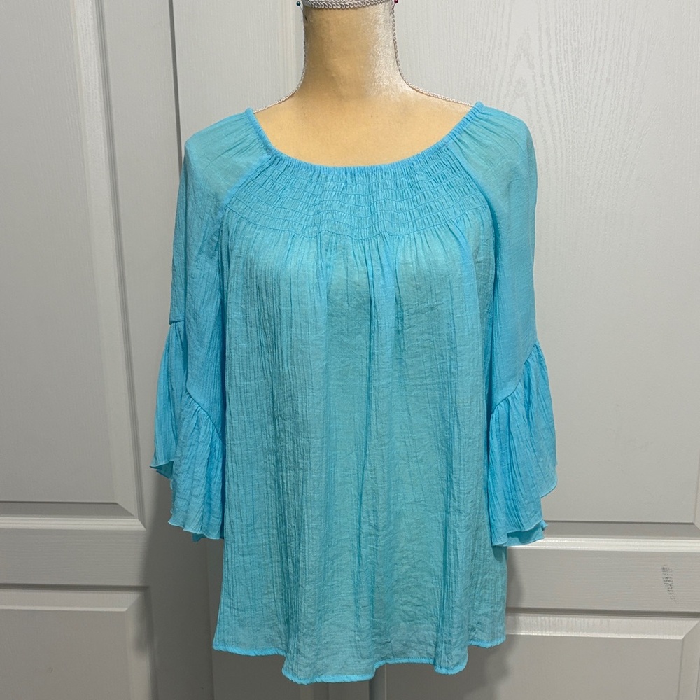 Chico's Aqua Blouse with Flared Sleeves